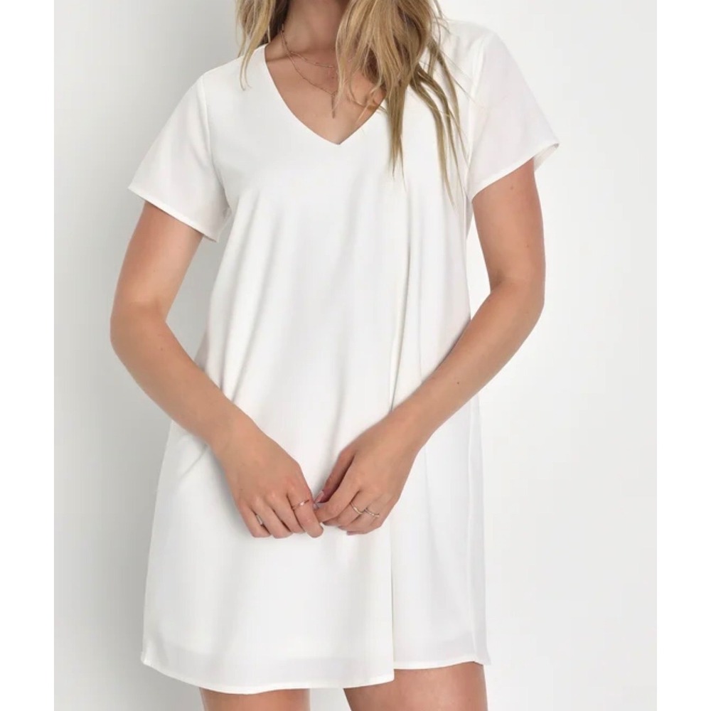Lulus Freestyle White V-Neck Short Sleeve Chiffon Mini Shift Dress Womens XS NWT